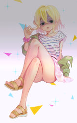 Rule 34 | 1girl, black eyes, blonde hair, brown footwear, commentary, crossed legs, empty eyes, feet, frown, green eyes, green jacket, half-closed eyes, hand in own hair, invisible chair, jacket, jewelry, jj (ssspulse), kanojo okarishimasu, knee up, legs, looking at viewer, nanami mami, necklace, off shoulder, open mouth, pink scrunchie, sandals, scrunchie, shaded face, shirt, short hair, sitting, sleeveless, sleeveless shirt, solo, striped clothes, striped shirt, toes, white shirt, wrist scrunchie