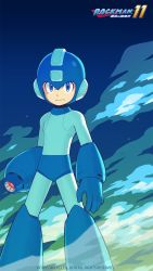 Rule 34 | 1boy, android, arm cannon, artist request, blue eyes, capcom, helmet, highres, looking at viewer, male focus, official art, mega man (series), mega man (character), mega man (classic), mega man 11, serious, smoke, solo, weapon