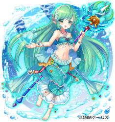 Rule 34 | 1girl, anklet, barefoot, breasts, bubble, dmm, gem, green eyes, green hair, heart, heart bubbles, jewelry, long hair, medium breasts, meesuke, midriff, navel, necklace, official art, pearl (gemstone), pearl necklace, pointy ears, shell, smile, solo, starfish, underwater, very long hair, wand