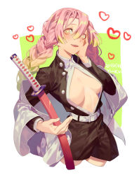 Rule 34 | 1girl, :d, belt, blush, braid, breasts, breasts apart, brown jacket, brown pants, cleavage cutout, clothing cutout, commentary request, fingernails, green background, hair between eyes, hand on own cheek, hand on own face, heart, heart-shaped pupils, holding, holding sword, holding weapon, jacket, kanroji mitsuri, katana, kimetsu no yaiba, large breasts, long hair, long sleeves, mole, mole under eye, no bra, open mouth, pants, pink eyes, pink hair, scabbard, sheath, sheathed, signature, smile, solo, sword, symbol-shaped pupils, twin braids, weapon, yamakawa, yandere trance