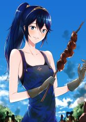 Rule 34 | 1girl, alternate hairstyle, ameno (a meno0), bare arms, breasts, cleavage, collarbone, day, fire emblem, fire emblem awakening, food, gloves, grin, hair between eyes, long hair, looking at viewer, lucina (fire emblem), medium breasts, nintendo, outdoors, ponytail, sleeveless, smile, solo, stick, symbol-shaped pupils, tiara