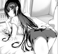 Rule 34 | 1girl, ass, back, bed, bed sheet, bedroom, blush, book, bookshelf, breasts, from behind, greyscale, haite kudasai takamine-san, highres, hiiragi yuuichi, large breasts, long hair, looking at viewer, looking back, lying, magazine (object), monochrome, on bed, on stomach, original, school uniform, shirt, short sleeves, skirt, smile, solo, takamine takane