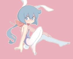 Rule 34 | 1girl, animal ears, bare shoulders, blue eyes, blue hair, blue leotard, bob cut, closed mouth, constanze amalie von braunschbank-albrechtsberger, cowlick, dot nose, fake animal ears, fake tail, flat chest, from side, full body, hair between eyes, hair ribbon, hand on own knee, highres, leotard, light blush, little witch academia, looking at viewer, medium hair, no pupils, orenji (orenjipiiru), outline, outstretched arm, pantyhose, pink background, playboy bunny, rabbit ears, rabbit tail, red ribbon, ribbon, short eyebrows, simple background, solo, straight hair, tail, thick eyebrows, wavy mouth, white outline, white pantyhose