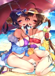 Rule 34 | 2girls, :d, ahoge, azur lane, ball, bandeau, bare legs, bare shoulders, beach, beach mat, beach umbrella, beachball, bikini, black choker, blue jacket, blue sky, blush, breasts, brown hair, cheek-to-cheek, choker, cloud, collarbone, commentary request, day, eyewear on head, feet out of frame, food, fur-trimmed jacket, fur trim, gloves, groin, hair rings, halterneck, hand up, heads together, highres, holding, holding food, ice cream, jacket, large breasts, long hair, long sleeves, looking at viewer, mirei, multiple girls, navel, ning hai (azur lane), ning hai (summer hunger) (azur lane), o-ring, o-ring bikini, ocean, off shoulder, open clothes, open jacket, open mouth, outdoors, ping hai (azur lane), ping hai (summer vacation) (azur lane), popsicle, purple bikini, purple eyes, purple gloves, purple hair, red eyes, red gloves, sandals, side-tie bikini bottom, sidelocks, sitting, sky, small breasts, smile, stomach, stuffed animal, stuffed panda, stuffed toy, sunglasses, sweat, swimsuit, thighs, twintails, umbrella, very long hair, visor cap, wariza, yellow jacket