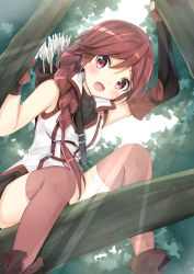 Rule 34 | 10s, 1girl, :d, arrow (projectile), bad id, bad pixiv id, blush, boots, bow (weapon), braid, chm (macharge), gloves, hai to gensou no grimgar, hair over shoulder, happy, long hair, open mouth, quiver, red eyes, red hair, shorts, single braid, sitting, smile, solo, thighhighs, tree, weapon, yume (grimgar)
