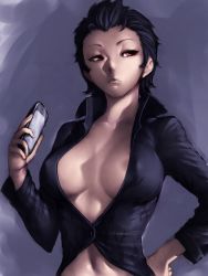 Rule 34 | 1girl, areola slip, black hair, breasts, cellphone, center opening, el shaddai, fumio (rsqkr), gender request, genderswap, hand on own hip, hip focus, large breasts, lips, lucifel (el shaddai), navel, nose, open clothes, open shirt, phone, red eyes, shirt, short hair, solo