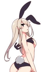 Rule 34 | 1girl, alternate costume, anchor hair ornament, animal ears, ass, bikini, black bikini, blonde hair, breasts, rabbit ears, rabbit tail, commentary request, cowboy shot, grey eyes, hair ornament, kantai collection, long hair, profile, shimakaze (kancolle), simple background, small breasts, solo, swimsuit, tail, white background, yoru nai
