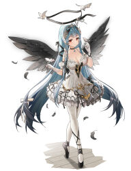 Rule 34 | 1girl, absurdres, animal, animal on hand, bare shoulders, bird, black bow, black footwear, black wings, blue hair, bow, breasts, cleavage, closed mouth, collarbone, commentary request, dress, epic seven, feathered wings, full body, gloves, hair bow, hands up, highres, korean commentary, long hair, looking at viewer, medium breasts, pantyhose, pleated dress, red eyes, roana (epic seven), ronopu, shoes, sleeveless, sleeveless dress, smile, solo, standing, tiara, tiptoes, twintails, very long hair, white background, white bow, white dress, white gloves, white pantyhose, wings, wooden floor