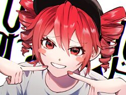 Rule 34 | + +, 1girl, baseball cap, black hat, blush stickers, chromatic aberration, drill hair, hair between eyes, hat, kasane teto, kasane teto (sv), looking at viewer, override (synthesizer v), pointing, pointing at self, red eyes, red hair, red nails, shirt, sidelocks, smile, solo, synthesizer v, text background, tsuboi404, twin drills, utau, white background, white shirt