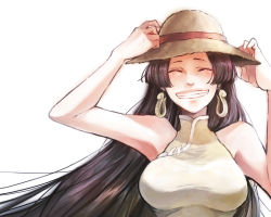 Rule 34 | 1girl, bad id, bad pixiv id, bare shoulders, boa hancock, breasts, china dress, chinese clothes, closed eyes, dress, earrings, grin, happy, hat, jewelry, long hair, one piece, smile, solo, straw hat, vaayunto yuuki