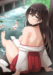 Rule 34 | 1girl, aftersex, akagi (kancolle), back, backboob, bare shoulders, blush, breasts, breasts out, brown eyes, brown hair, fish, from behind, hair between eyes, hakama, hakama short skirt, hakama skirt, head tilt, highres, japanese clothes, kantai collection, kimono, kinata (area7), koi, long hair, long sleeves, looking at viewer, looking back, medium breasts, miko, open clothes, pond, red hakama, sideboob, skirt, smile, solo, sweat, thighs, water, white legwear