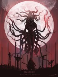 Rule 34 | 1boy, alien, bloodborne, cape, cloud, copyright name, cross, eldritch abomination, english text, facing another, facing away, from behind, gehrman the first hunter, hat, highres, holding, holding scythe, monster, moon, moon presence (bloodborne), red moon, red sky, scythe, sky, tentacles, tripdancer, weapon, wings