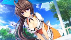 Rule 34 | 1girl, ahoge, apron, asami asami, ashiya suzuka, blush, breasts, brown hair, cleavage, cloud, day, detached collar, female focus, game cg, highres, large breasts, leaning forward, long hair, looking at viewer, ponytail, pretty x cation 2, purple eyes, sky, smile, solo, table, umbrella, waist apron, waitress
