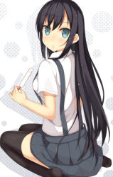 Rule 34 | 10s, 1girl, asashio (kancolle), bad id, bad pixiv id, black hair, black thighhighs, blue eyes, blush, food, kantai collection, knees together feet apart, long hair, looking at viewer, looking back, personification, popsicle, samegami, sitting, skirt, solo, thighhighs, wariza