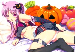 Rule 34 | 1girl, absurdres, bed, blush, breasts, collar, elbow gloves, covered erect nipples, female focus, gloves, halloween, highres, koutaro, long hair, looking at viewer, looking back, lying, navel, on side, on stomach, open mouth, panties, pink hair, purple eyes, skirt, solo, thighhighs, twintails, underboob, underwear, upskirt, white background