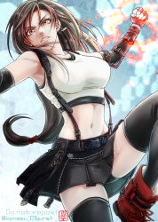 Rule 34 | 1girl, absurdres, artist name, black skirt, black sports bra, black thighhighs, breasts, brown hair, clenched hand, clenched teeth, crop top, dangle earrings, earrings, elbow gloves, elbow pads, energy, final fantasy, final fantasy vii, final fantasy vii remake, fingerless gloves, gloves, highres, jewelry, knee up, konasu 01burst, large breasts, long hair, low-tied long hair, midriff, navel, red eyes, red gloves, serious, skirt, solo, sports bra, square enix, suspender skirt, suspenders, tank top, teeth, thighhighs, thighs, tifa lockhart, twitter username, white tank top