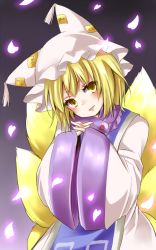 Rule 34 | 1girl, blonde hair, fox tail, multiple tails, open mouth, own hands clasped, own hands together, petals, short hair, simple background, smile, tabard, tail, tamichan, touhou, yakumo ran, yellow eyes
