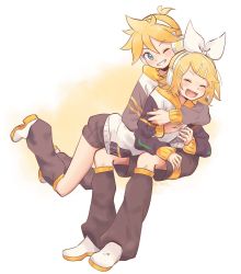 Rule 34 | 1boy, 1girl, black shorts, blonde hair, blue eyes, bow, brother and sister, closed eyes, commentary, fang, full body, grin, hair bow, hair ornament, hairclip, happy, highres, holding person, hood, hoodie, hug, kagamine len, kagamine rin, leg warmers, looking at another, lying on person, m0ti, one eye closed, shoes, short hair, short ponytail, short shorts, shorts, siblings, smile, spiked hair, swept bangs, twins, vocaloid, white bow, white footwear