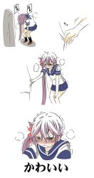 Rule 34 | 10s, 1boy, 1girl, admiral (kancolle), akebono (kancolle), bell, bent over, blush, closed eyes, clothes grab, embarrassed, flower, hair bell, hair flower, hair ornament, hallway, hands on own knees, heavy breathing, jacket tug, kantai collection, leaning forward, long hair, nose blush, purple eyes, purple hair, school uniform, serafuku, shino (ponjiyuusu), side ponytail, sweat, tearing up, translation request, trembling