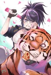 Rule 34 | 1girl, absurdres, baggy pants, banchou, belt buckle, biker clothes, black gloves, black hair, black jacket, blue eyes, blue hair, breasts, buckle, chest sarashi, chinese zodiac, choker, cleavage, dated, delinquent, eating, eyebrows, food, glasses, gloves, highres, indie virtual youtuber, jacket, kivo, kson, large breasts, multicolored clothes, multicolored hair, multicolored jacket, one eye closed, pants, pizza, pizza slice, sarashi, sheath, sheathed, simple background, single glove, souchou, squatting, striped, sukeban, sword, tiger, two-tone hair, two-tone jacket, virtual youtuber, weapon, white background, white jacket, white pants, year of the tiger