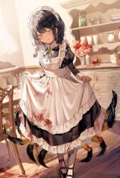 Rule 34 | absurdres, apple, apron, arthropod girl, arthropod limbs, black hair, blood, blood on clothes, blood stain, blush, braid, cupboard, curtsey, food, fruit, green eyes, highres, insect girl, licking lips, maid, maid apron, maid headdress, monster girl, original, spider girl, table, tongue, tongue out, twin braids, wooden floor, y o u k a