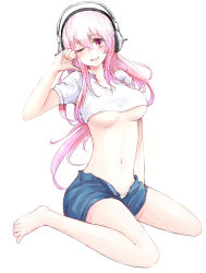 Rule 34 | 1girl, bare legs, barefoot, breasts, crop top, full body, headphones, highres, long hair, medium breasts, midriff, minato (shouno), navel, nitroplus, one eye closed, open fly, panties, pink eyes, pink hair, shirt, short shorts, shorts, simple background, sitting, smile, solo, super sonico, taut clothes, taut shirt, thumbs down, unbuttoned, underboob, underwear, unzipped, wariza, white background, wink
