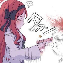 Rule 34 | ..., 1girl, 1other, blood, blood splatter, blue archive, blush, closed eyes, closed mouth, finger on trigger, firing, gun, halo, handgun, holding, holding gun, holding weapon, red hair, shell casing, speech bubble, takane (blue archive), tkugane, weapon, white background