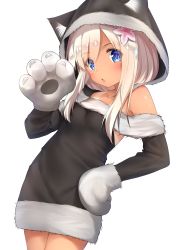 Rule 34 | 1girl, absurdres, animal ears, blonde hair, blue eyes, flower, go-1, hair flower, hair ornament, highres, kantai collection, long hair, long sleeves, open mouth, pink flower, ro-500 (kancolle), simple background, solo, white background, wolf ears, wolf paws