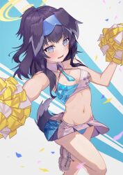 Rule 34 | 1girl, absurdres, animal ears, bare shoulders, black hair, blue archive, blue eyes, blush, breasts, cheerleader, cleavage, crop top, dog ears, dog girl, dog tail, goggles, goggles on head, halo, hibiki (blue archive), hibiki (cheer squad) (blue archive), highres, holding, holding pom poms, ko otori127, leg up, looking at viewer, medium breasts, midriff, miniskirt, navel, official alternate costume, open mouth, panties, pom pom (cheerleading), pom poms, shoes, skirt, sneakers, solo, standing, standing on one leg, stomach, tail, underwear