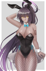 Rule 34 | 1girl, absurdres, animal ears, arm behind head, bare shoulders, black hair, black leotard, blue archive, blue bow, blue bowtie, bow, bowtie, breasts, cleavage, dark-skinned female, dark skin, detached collar, fake animal ears, fishnet pantyhose, fishnets, grey background, hazuki (nyorosuke), highleg, highleg leotard, highres, huge breasts, karin (blue archive), karin (bunny) (blue archive), large breasts, leotard, long hair, looking at viewer, number tattoo, official alternate costume, pantyhose, playboy bunny, rabbit ears, simple background, solo, strapless, strapless leotard, tattoo, traditional bowtie