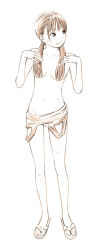 Rule 34 | 1girl, breasts, long hair, monochrome, navel, original, sandals, sketch, small breasts, solo, standing, toes, traditional media, twintails, yoshitomi akihito
