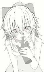 Rule 34 | 1girl, biting, bow, breasts, disembodied limb, finger biting, finger in another&#039;s mouth, hair bow, highres, looking at viewer, monochrome, mushoku loli, mushoku loli (character), nude, original, small breasts