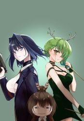 Rule 34 | 3girls, antlers, anya&#039;s heh face (meme), anya (spy x family), anya (spy x family) (cosplay), bare shoulders, black hair, blue eyes, blue hair, branch, brown hair, ceres fauna, cosplay, dress, eden academy school uniform, feathers, green dress, green hair, hair ornament, highres, holding, holding weapon, hololive, hololive english, horns, long hair, meme, moral-steel, multiple girls, nanashi mumei, necktie, ouro kronii, school uniform, short hair, spy x family, twilight (spy x family), twilight (spy x family) (cosplay), virtual youtuber, weapon, yellow eyes, yor briar, yor briar (cosplay)
