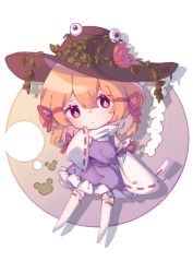 1girl blonde_hair bow brown_hat chibi closed_mouth dress eyes_visible_through_hair flower frills gohei gradient_background hair_between_eyes hand_up hat leaf long_sleeves looking_at_viewer moriya_suwako multicolored_background no_shoes pink_flower purple_background purple_dress red_bow shadow shirt short_hair solo thighhighs touhou white_background white_shirt white_thighhighs wide_sleeves yellow_background yellow_eyes zhi_xixi