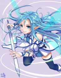 Rule 34 | 10s, 1girl, 2014, asuna (sao), asuna (sao-alo), blue eyes, blue hair, blue thighhighs, dated, jewelry, long hair, looking at viewer, matching hair/eyes, pisuke, pointy ears, ring, signature, smile, solo, sword, sword art online, thighhighs, weapon, wedding band, wings
