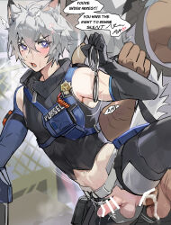 2boys anal animal_ears bar_censor blush cat_boy cat_ears cat_tail censored chain-link_fence commentary cuffs cum cum_overflow dark-skinned_male dark_skin english_commentary english_text erection eyelashes fence gloves grey_hair hair_between_eyes handcuffs heart heart-shaped_pupils highres holding holding_handcuffs itsme_takk leg_up looking_at_viewer multiple_boys open_mouth outdoors police police_uniform policeman public_indecency seth_lowell sex short_hair size_difference solo_focus speech_bubble standing standing_sex sweat symbol-shaped_pupils tail testicles yaoi zenless_zone_zero