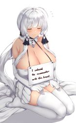 Rule 34 | 1girl, absurdres, arashiki mamizu, azur lane, bare shoulders, blush, breasts, cleavage, closed eyes, closed mouth, collarbone, commentary, dress, elbow gloves, english text, engrish text, flower, full body, gloves, hair flower, hair ornament, hair ribbon, hairclip, hands on legs, highres, illustrious (azur lane), kneeling, large breasts, long hair, mole, mole under eye, no shoes, parted lips, pet shaming, ranguage, revision, ribbon, seiza, sign, sign around neck, sitting, skirt, solo, thighhighs, thighs, white background, white dress, white gloves, white hair, white skirt, white thighhighs