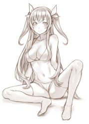 Rule 34 | 1girl, bikini, blush, breasts, hair ribbon, highres, long hair, looking at viewer, md5 mismatch, medium breasts, monochrome, navel, original, resized, ribbon, ricci, sitting, sketch, smile, solo, spread legs, swimsuit, thighhighs, two side up, very long hair