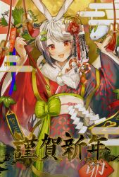 Rule 34 | 1girl, :d, animal ears, arrow (projectile), bad id, bad twitter id, blush, bow, copyright request, grey hair, hair ornament, highres, holding, holding arrow, japanese clothes, kimono, krau rr, long sleeves, looking at viewer, open mouth, rabbit ears, rabbit girl, red eyes, red kimono, smile, solo, tassel, wide sleeves