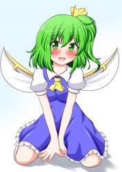 Rule 34 | 1girl, :d, arm support, ascot, blush, breasts, daiyousei, dress, fairy wings, green eyes, green hair, highres, leaning forward, looking at viewer, matching hair/eyes, open mouth, puffy short sleeves, puffy sleeves, short sleeves, side ponytail, sitting, smile, solo, touhou, v arms, wariza, wings, yakumo nanahara