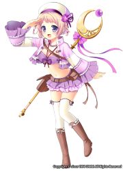 Rule 34 | 1girl, :d, beret, blonde hair, boots, bow, bra, brown footwear, flower, flower knight girl, full body, german iris (flower knight girl), hat, hat flower, jacket, knee boots, kurot, looking at viewer, official art, open mouth, pouch, purple bow, purple eyes, purple skirt, short hair, skirt, smile, solo, staff, standing, thighhighs, thighhighs under boots, underwear, white background, white hat, white thighhighs