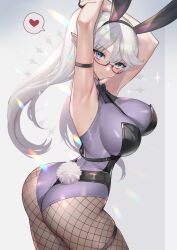 Rule 34 | 1girl, animal ears, armpits, arms up, ass, between breasts, black gloves, black leotard, blue eyes, breasts, collar, fake animal ears, fingerless gloves, fishnet pantyhose, fishnets, glasses, gloves, grey leotard, heart, highleg, highleg leotard, highres, hitowa, large breasts, layered clothes, leotard, long hair, looking at viewer, looking back, original, pantyhose, playboy bunny, pointy ears, rabbit ears, rabbit tail, semi-rimless eyewear, skindentation, solo, spoken heart, tail, thigh strap, thighs, turning head, under-rim eyewear, white hair