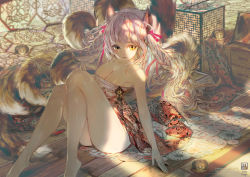 Rule 34 | 1girl, ahri (league of legends), animal ears, arm support, artist name, bare legs, bare shoulders, barefoot, breasts, cleavage, crab d, dress, fingernails, fox ears, fox tail, hair ribbon, large breasts, league of legends, long fingernails, long hair, md5 mismatch, multiple tails, parted lips, pink hair, resolution mismatch, ribbon, solo, source larger, strapless, strapless dress, sunlight, tail, twintails, yellow eyes