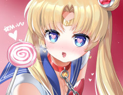 Rule 34 | 1girl, artist name, bad id, bad pixiv id, bishoujo senshi sailor moon, bishoujo senshi sailor moon s, blonde hair, blue eyes, blue sailor collar, blush, candy, chain, chain leash, collar, commentary, crescent, crescent earrings, derivative work, double bun, earrings, food, hair bun, heart, heart-shaped pupils, heart collar, heavy, heavy breathing, jewelry, leash, lollipop, long hair, meme, moon earrings, mvv, open mouth, parted bangs, red collar, sailor collar, sailor moon, sailor moon redraw challenge (meme), saliva, saliva trail, screenshot redraw, sexually suggestive, solo, swirl lollipop, symbol-shaped pupils, tiara, tongue, tsukino usagi, twintails