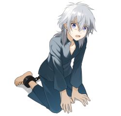 Rule 34 | 10s, 1boy, aged down, barefoot, chain, child, cuffs, full body, kakumeiki valvrave, kneeling, l-elf, male focus, nonhomo gyunyu, open mouth, purple eyes, shackles, short hair, silver hair, simple background, solo, sweatdrop, white background