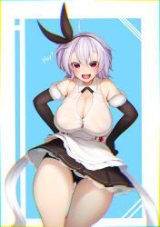 Rule 34 | 1girl, absurdres, ahoge, azur lane, bangs pinned back, bare shoulders, black gloves, black hairband, black panties, black skirt, blush, bow hairband, breasts, center-flap bangs, chromatic aberration, cleavage, cleavage cutout, clothing cutout, collared shirt, elbow gloves, fur-trimmed gloves, fur trim, gloves, grey hair, hair between eyes, hairband, hands on own hips, highres, huge breasts, kent (azur lane), light purple hair, looking at viewer, miniskirt, miso tanuki, nipples, no bra, open mouth, panties, pleated skirt, red eyes, sagging breasts, see-through, shirt, short hair, skirt, sleeveless, sleeveless shirt, solo, underwear, v-shaped eyebrows, wet, wet clothes, wet shirt, white shirt