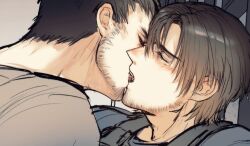 Rule 34 | 05 (link83601636), 2boys, bara, beard stubble, chris redfield, close-up, closed eyes, couple, facial hair, french kiss, kiss, leon s. kennedy, male focus, mature male, multiple boys, resident evil, resident evil 6, short hair, stubble, thick eyebrows, unfinished, yaoi