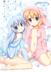 Rule 34 | 2girls, :o, animal hood, aqua hair, arm support, ass, bad id, bad pixiv id, bare shoulders, bed sheet, blue eyes, blue hair, blue hoodie, blush, bottomless, bow, bow panties, breasts, brown hair, cleavage, closed mouth, commentary request, gochuumon wa usagi desu ka?, hair between eyes, hair ornament, hairclip, hairpin, hand to own mouth, head tilt, hood, hood down, hood up, hoodie, hoto cocoa, jacket, kafuu chino, korie riko, light brown hair, long hair, long sleeves, looking at viewer, looking to the side, multiple girls, navel, panties, parted lips, pink hoodie, pink panties, purple eyes, rabbit hood, short hair, sitting, sleeves past wrists, small breasts, smile, star (symbol), string panties, underwear, very long hair, wariza, x hair ornament