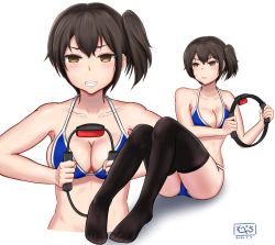 Rule 34 | 1girl, alternate costume, artist name, bikini, black thighhighs, breasts, brown eyes, brown hair, cleavage, clenched teeth, collarbone, commentary, dated, full body, halterneck, highres, joy-con, kaga (kancolle), kantai collection, large breasts, looking at viewer, pethimon, projected inset, ring-con, ring fit adventure, side ponytail, signature, simple background, sitting, solo, string bikini, swimsuit, teeth, thighhighs, upper body, white background