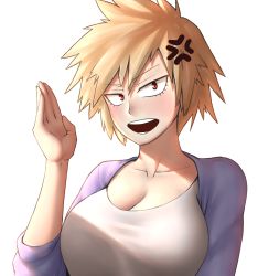 Rule 34 | 10s, 1girl, absurdres, anger vein, bakugou mitsuki, blonde hair, blouse, blush, boku no hero academia, breasts, cleavage, highres, large breasts, mature female, open clothes, open mouth, portrait, red eyes, shirt, simple background, smile, solo, thore (nathalukpol), upper body, white background, white shirt